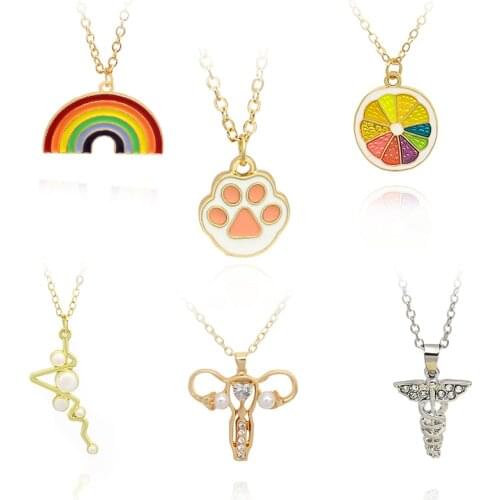 Rainbow Orange slices Cute cat paw Pendant Necklace Imitation pearl Female uterus Metal alloy Necklace Girls' Party jewelry