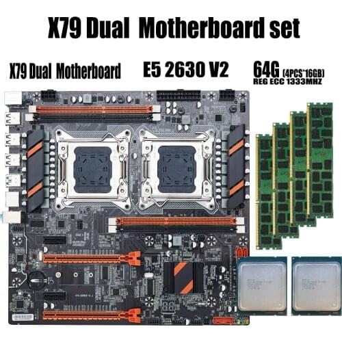 Qiyida X79 Dual CPU motherboard set with 2 × Xeon E5 2630 V2 4 × 16GB = 64GB 1333MHz PC3 10600 DDR3 ECC REG memory