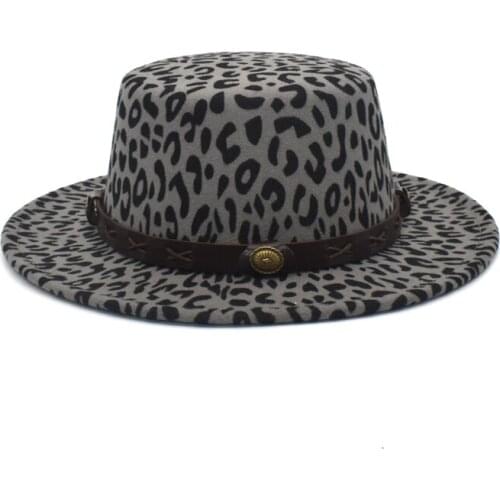New Leopard Print Fedoras Hat For Women Wool Flat Top Hat Wide Brim Vintage Belt Bowler Hats Men Jazz Hat P19