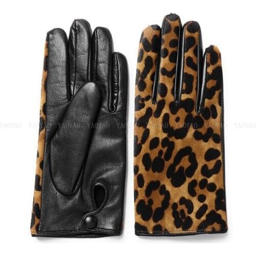 YY5388 Novelty Women Leopard Print Genuine Leather Gloves Ladies Short Winter Wool Lined Thick Luvas Botton Warm Guantes Mujer