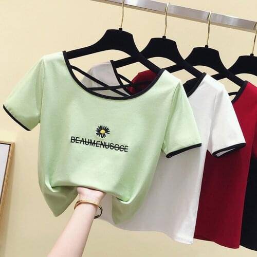 Women Short T Shirt Crop Top Printed Cotton Embroidery Tshirt Summer Short Sleeve T-shirt Back Hollow Out Sexy Tee Shirt Femme