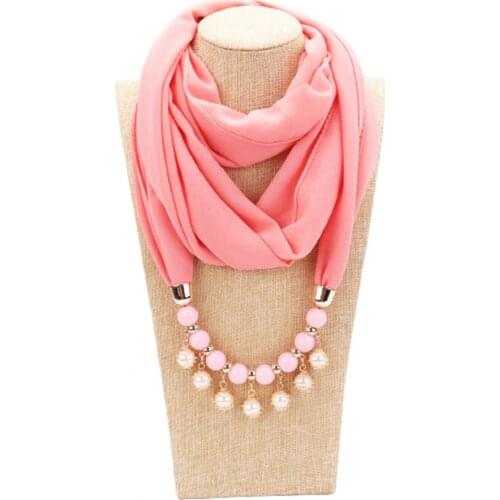 Women Fashion Jewelry Faux Pearl Pendant Chiffon Necklace Solid Color Scarf
