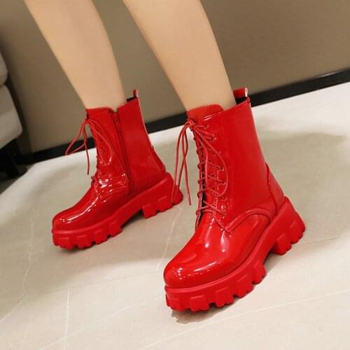 Women Ankle Boots Platform Square Heel Ladies Ridding Boots Cross Tied Fashion Women Autumn Winter Shoes Red White Black