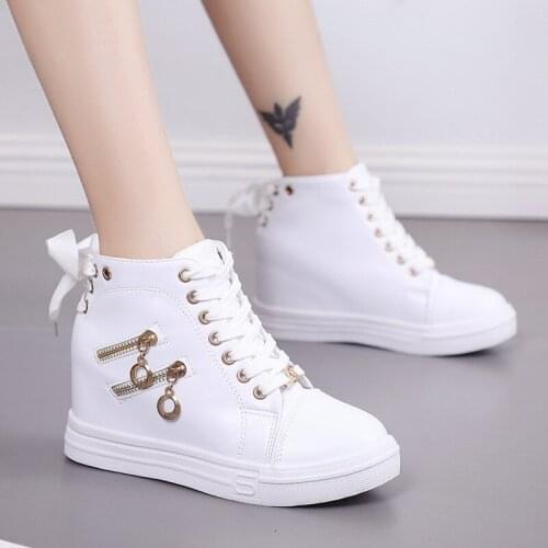 Women Wedge Platform Rubber Brogue Leather Lace Up High heel 6 cm Shoes Pointed Toe Increasing Creepers White Sneakers Zipper569