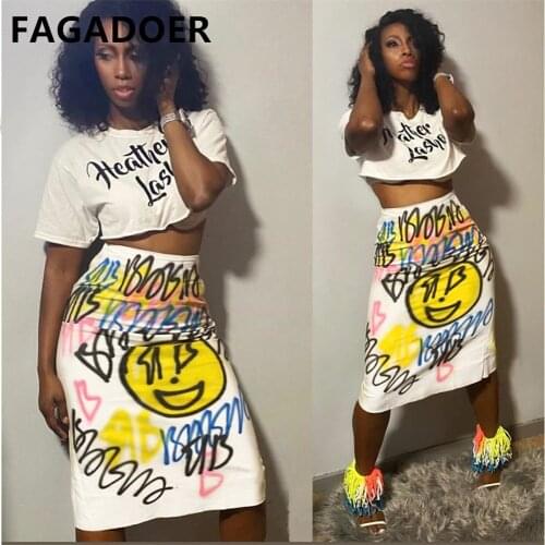 FAGADOER Graffiti Print Skirt Suit Women Fashion Sexy Two Piece Set White Color Crop Top +Bodycon Skirt Sweatsuit Outfits