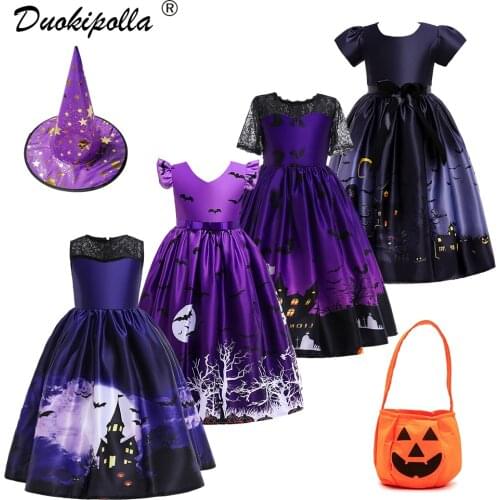 5-12Y Halloween Ghost Pumpkin Bat Black Dress Carnival Children Witch Costume Teen Girl Party Lace Shoulderless Long Dresses