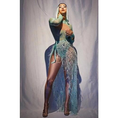 Women Bluebird Sexy Bodysuit Stretch Prom Party Luxurious Stage Outfit Show Halloween Shiny Transparent Feather Trailing Skirt