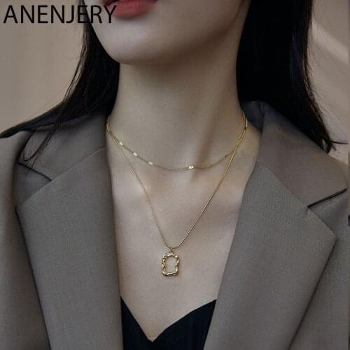 ANENJERY 925 Sterling Silver Irregular Square Pendant Necklaces for Women Light Luxury Minimalist Clavicle Chain Accessories