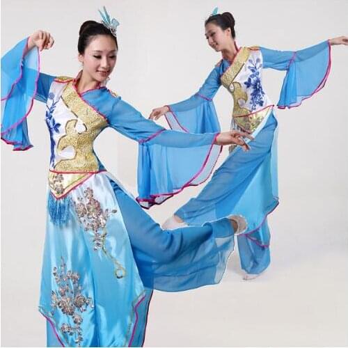 084) Chinese folk classical dance sequined Poetic performance clothing square yangko fan dance clothing Hanfu dynasty costumes