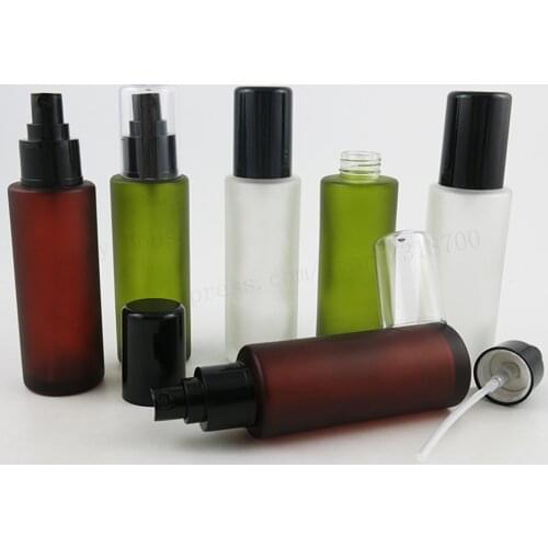 12/lot 100ml Frosted Green Brown Toner Round Glass Bottle with Black Plastic Sprayer Cosmetic Packaging Mist Spray Container