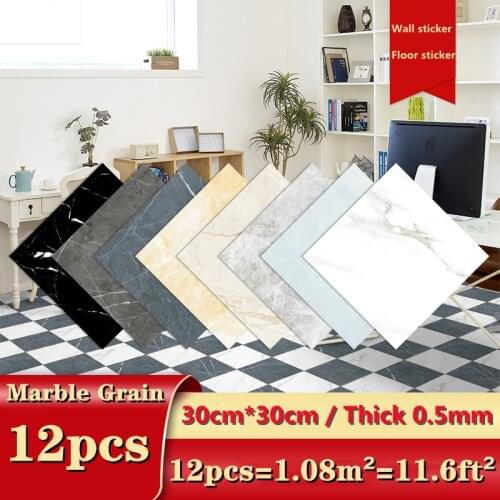 12pcs Self Adhesive Tiles Floor Stickers Marble Grain Wall Sticker Bathroom Ground Wallpaper PVC Kitchen Furniture Wall Sticker