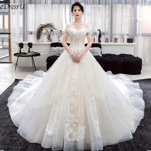 2020 Wedding Dress Luxry Beading Monarch Train Wedding Gown Boat Neck Lace Emboridery Bridal Dress Corset Robe de Mairee OY-D902