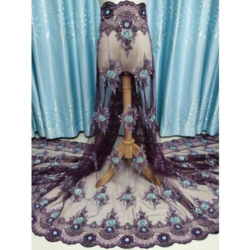 5yards/pc) High quality pink 3D flowers African French net lace fabric with gorgeous beads sequins embroidery & stones FZZ1078