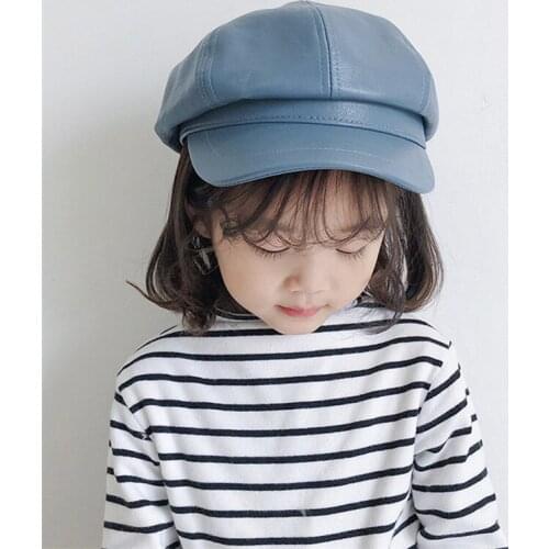 PU Leather Beret Hat for Kids Boys Girls Fall Winter Newsboy Artist Cap Children French Octagonal Painter Hats Boina Barets