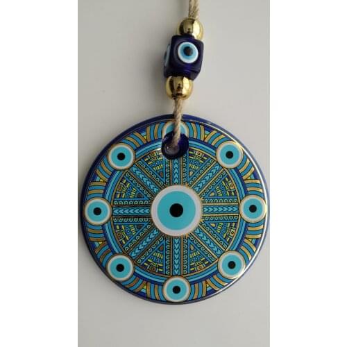 Big Size-14 cm Diameter- Golden Gilted and Colored Patterned Glass Blue Evil Eye Wall Hanging Ornament – Turkish Nazar Bead - Ho