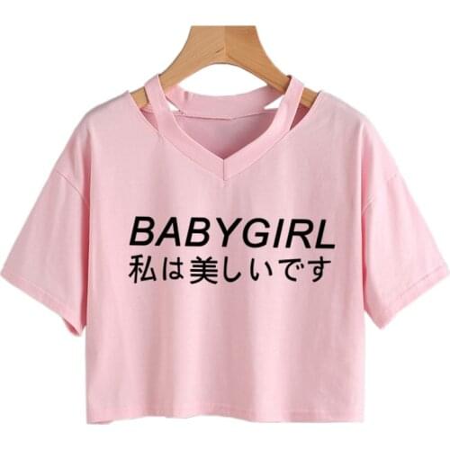 BABYGIRL Letters print Summer Crop Tops V-Neck Short sleeve Sexy Top Loose Short Cropped Feminino Y2K Harajuku Chic Streetwear