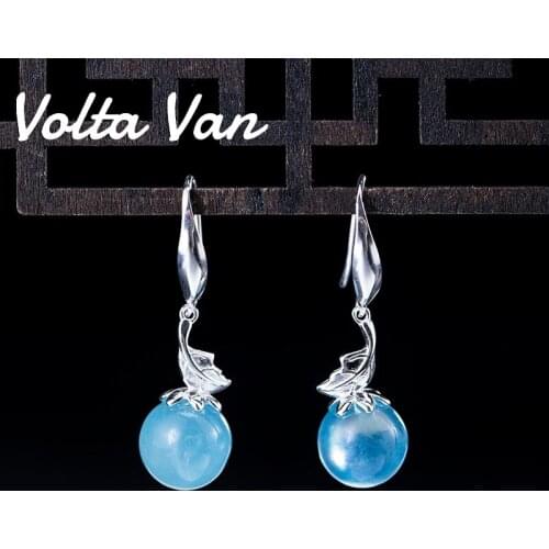 Volta Van Elegant 925 Sterling Silver Drop Earrings Aquamarine Pendientes Plata 2021 New Vintage Leaves Women Silver Earrings