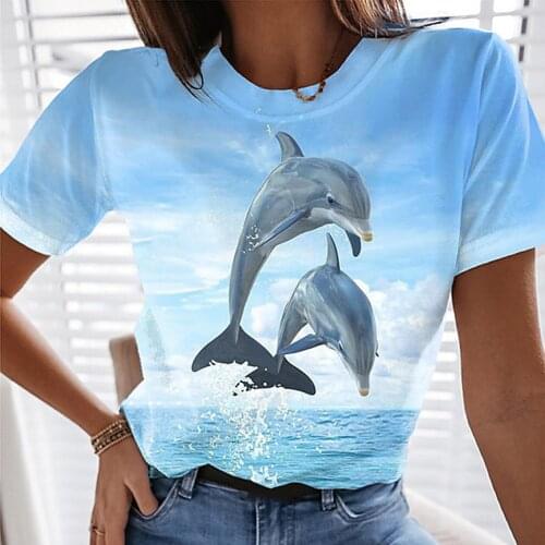 Two Dolphin Printing T Shirt Cute Animal Harajuku Tshirt Ullzang Graphic T-shirt Streetwear Casual Short Sleeve Top Tees Female