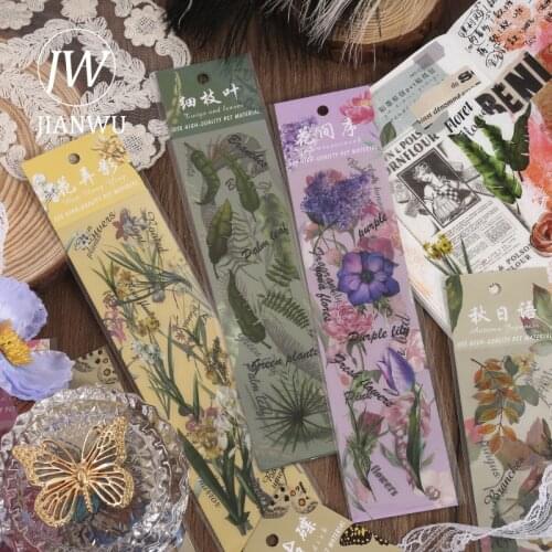 JIANWU 3 Sheets Vegetation Butterfly PET Stickers Aesthetic Transparent Hand Account Decoration Diary Stickers Kawaii Stationery