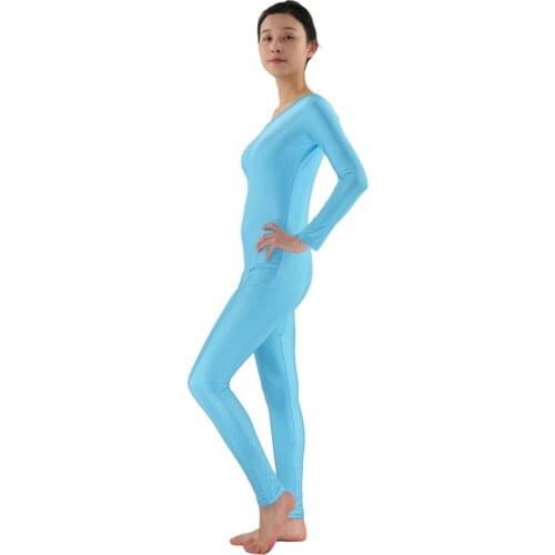 Zentai Adult Spandex Lycra Bodysuit Sky Blue Long Sleeve Zentai Bodysuit costume Womens Skin-tight Unitard Dancewear