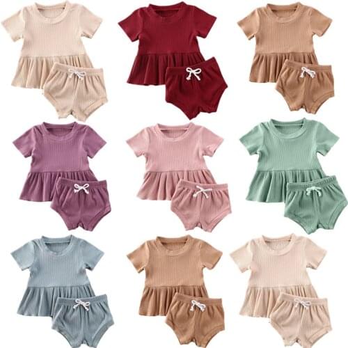 0-24M Newborn Baby Girls Clothing Infant Baby Girls Boys Clothes Sets Solid Short Sleeve T Shirts Tops+Shorts Trousers 2pcs
