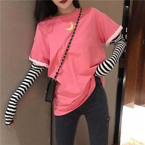 Beauty Girl Moon Stripe T-shirt Female Korean Harajuku Womens T-shirts Tops Japanese Kawaii Ladies Ulzzang Clothes For Women