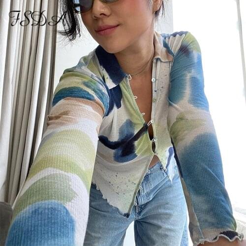 FSDA Autumn 2021 V Neck Crop Top Women Y2k Tie Dye Print Vintage Casual Button Fashion Sexy Long Sleeve T Shirts