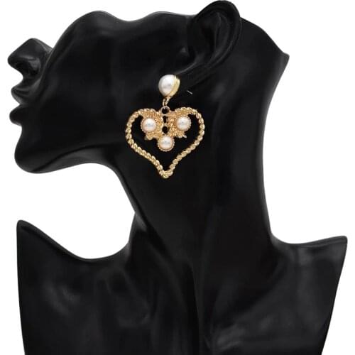 Cute Big Gold Metal Heart Drop Earrings for Women Bohemian Simulated Pearl Statement Wedding Party Earring Charm Jewelry Gift