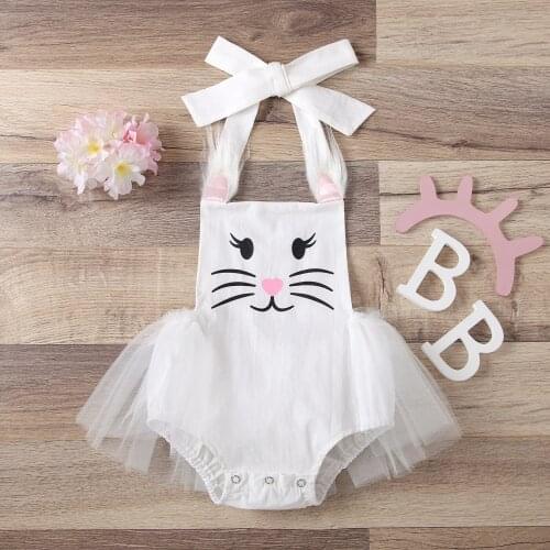 FOCUSNORM Easter Lovely Baby Girls Romper Dress Cartoon Rabbit Printed Sleeveless Belt Backless Jumpsuits 0-24M