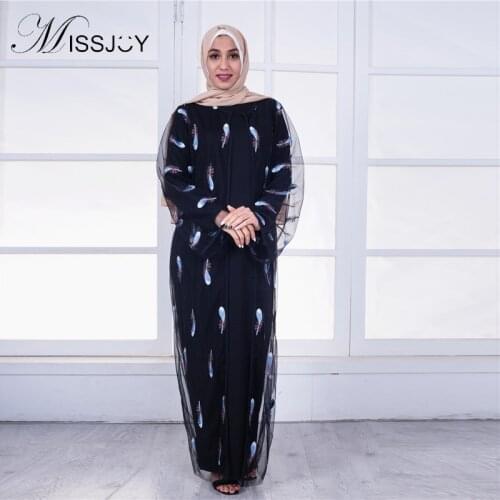 MISSJOY 2020 Fashion Women Dubai Mesh Lace embroidery abaya long sleeve Muslim Black cardigan Long Maxi dress robe Feather