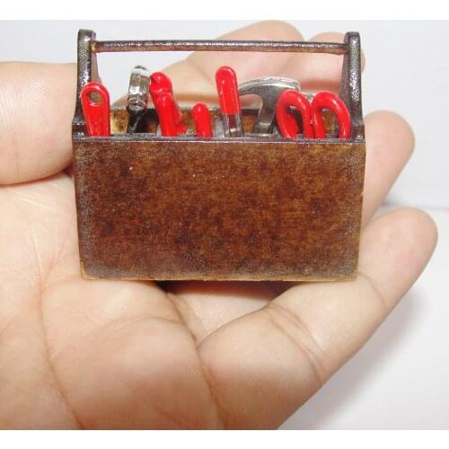 Set of 1:12 Scale Miniature Dollhouse Scene 8 Pieces Hand Work Tools & 1 Piece Wooden Toolbox Model