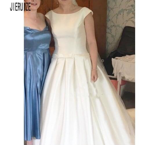 JIERUIZE Latest Bridal Wedding Gowns Button Back Vestido de noiva Scoop Neck Bow Sash Cap Sleeves Wedding Dress