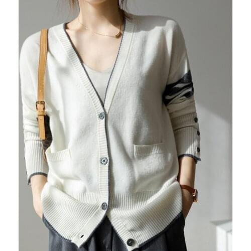 2021 new pure wool cardigan womens V-neck TB knitted jacket loose large size sweater color matching cashmere sweater