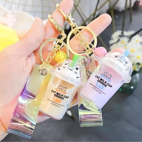 New Keychain Cartoon Cat Car Keychain Mini Milk Tea Cup Liquid Crystal Quicksand Sequin Key Ring Bag Pendant For Women