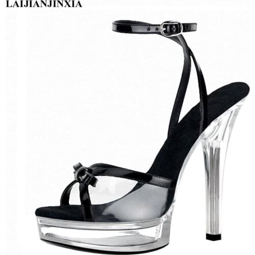 LAIJIANJINXIA New 13 CM High Stripper Heeled Pole Dance Shoes Crystal Bordered Open Toe Sandal Queen Pink Sweet Woman Sandals