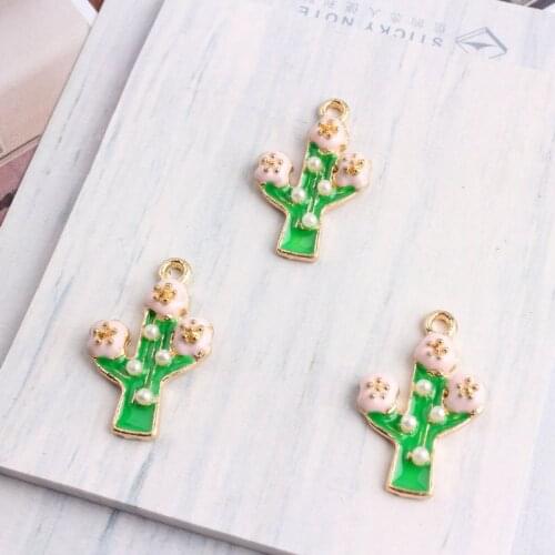 New Arrival 40PCS 15*25MM Green Cute Enamel Cereus Plant Pendant Charms Gold Tone Plated Oil Drop Floating Necklace bracelet DIY