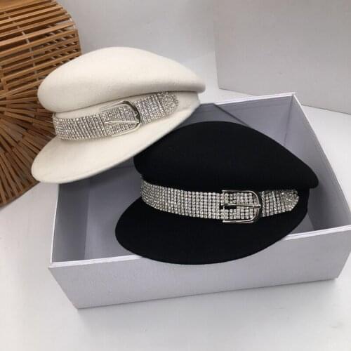 202012-YY autumn winter wool solid rhinestone chain Belt luxury leisure lady Octagonal hat women visors cap
