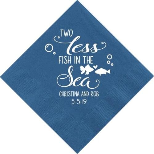 Personalised Two Less Fish in the Sea Personalized Wedding Napkins, Rehearsal Dinner, Engagement Party, Custom Bar Napkins