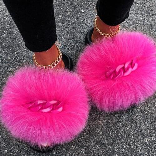 Furry Fur Slides Beach Flat Sandals Real Fox Fur Slippers Fluffy Flip Flops Shiny Chain Decor Plush Slippers Women Fashion Shoes
