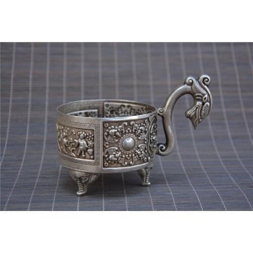 Antique QingDyansty old Tibet Silver tea cup,Carved sun&people,with mark,Hand crafts,Collection&Adornment,Free shipping