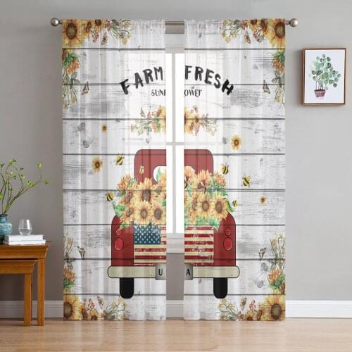 Farm Fresh Vintage Truck Sunflower Farm Plank Sheer Curtains for Living Room Modern Bedroom Voile Tulle Curtain Window Drapes