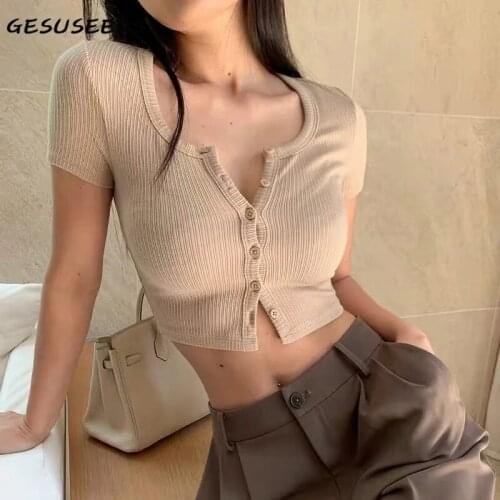 Knitted t shirt women vintage short sleeve shirts sexy square neck cropped top ribbed summer tshirt casual button up shirt white