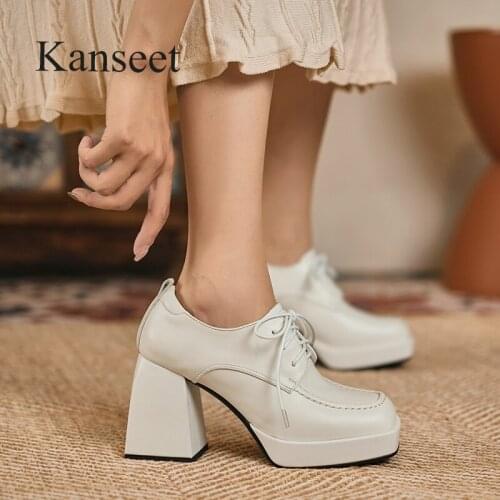 Kanseet Womens Shoes 2021 Autumn New Square Toe Party Office Ladies Pumps Cross-Tied Brown 9cm Thick High Heels Platform Shoes