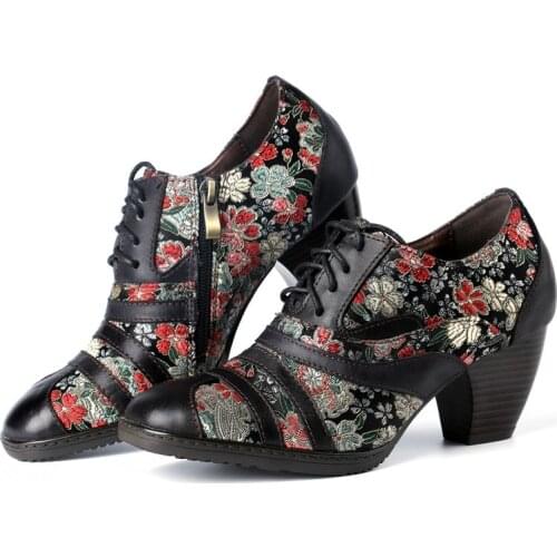 YourSeason Ladies Vintage Genuine Leather High Heels Zip Shoes Embroidery Cloth Handmade Women Lace Up National Style Pumps