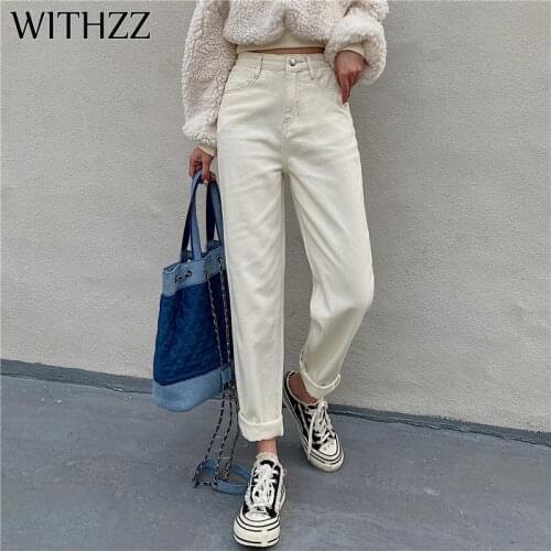 WITHZZ Autumn Winter Womens High Waist Trousers Straight Thin Fleece Warm Jeans