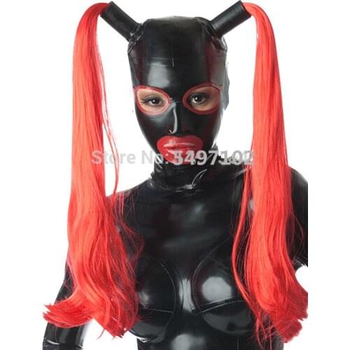 Handmade Women Latex Hoods With two red Tress Wig Hair Customized Zipper Fetish Open Eyes Mouth Mask Heroine Headgear Zentai