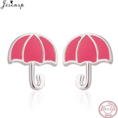 Jisensp 925 Sterling Silver Cute Tiny Pink Umbrella Earrings for Daughter Girls Fashion Geometric Stud Earrings Women Jewelry