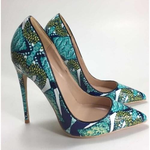 Women high-heeled pumps 12CM sexy pu leather ladies high heels shoes shallow party Thin Heels pumps Blue Snake print