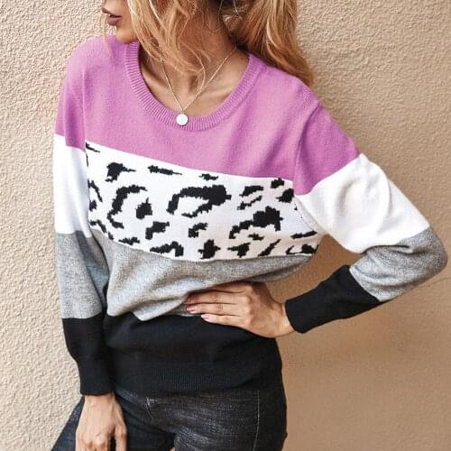 Ele-Choices Women Casual Long Sleeve Knitted Sweater Leopard Print Color Block Pullover Top