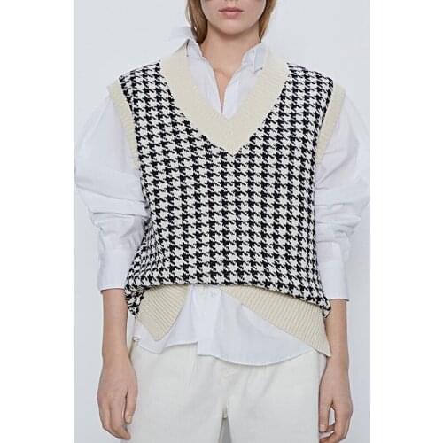 Women 2021 fashion oversized knitted vest sweater V neck sleeveless houndstooth loose female waistcoat chic tops Spring Autumn